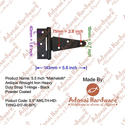 Image of Adonai Hardware Makheloth Antique Wrought Iron Heavy Duty Strap T-Hinge (5.5 inch x 2 Pack, Black Powder Coated) for Barn Doors, Gates, Kitchen Cabinets, Sheds, Wooden Box, Furniture, Chest and Trunks