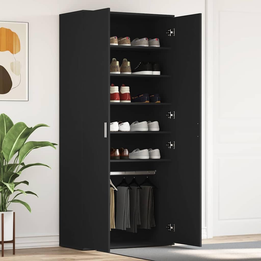 Szafka na buty z regałem, czarna, 80 x 39 x 178 cm, wykonana z materiału drewnopochodnego, oszczędność miejsca do przechowywania do przedpokoju i przedpokoju, z 5 półkami i uchwytami na