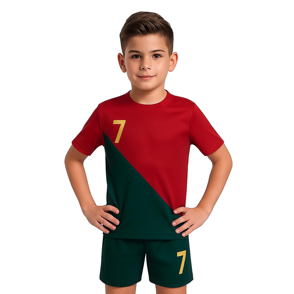 Sports Soccer Football Portugal Jersey Ronaldo 7 Home Kit Jersey Set T-Shirt with Green Shorts(Kid's,Boy's & Men) (6_7 Years, Multicolor) 2