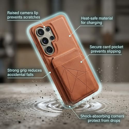 Image of amazon basics Premium Vegan Leather Back Cover with Card Holder and Integrated Mobile Stand for Samsung Galaxy S25 Ultra 5G - Slim Shockproof Wallet Case with Geometric Stitching [Tan]