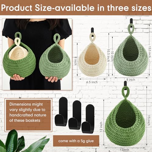 Image of Honeydak 3 Hanging Baskets, Sage Green, Green, White, Teardrop, Cotton Rope