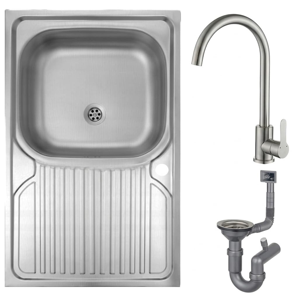 Deftrans – Fregadero de cocina de 80 x 60 cm de acero inoxidable con escurridor, juego completo con grifo, fregadero con grifo y sifón, fregadero de acero inoxidable para 80 cm