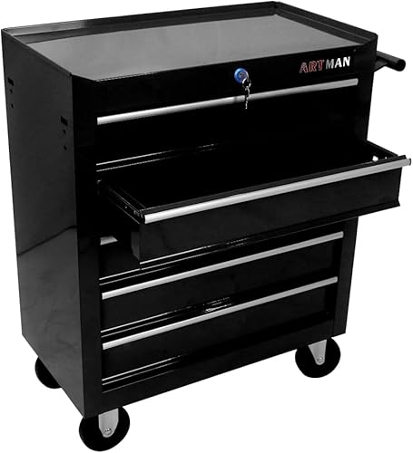 Miniatura 9 de Cofre de herramientas de 5 cajones, armario de almacenamiento de herramientas para almacenamiento de garaje con 4 ruedas y sistema de bloqueo, color