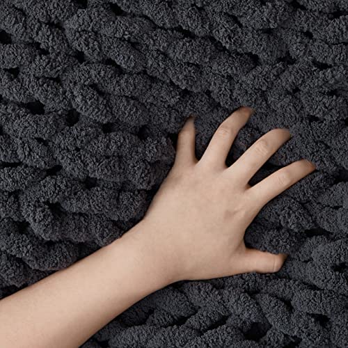 Bedfolks Chunky Knit Blanket Throw - Dark Grey Jumbo Chenille Yarn 100% Hand Knit, Soft And Fluffy Chenille For Couch, Sofa, Bed, Home Decor, 50" X 60" #TOP2