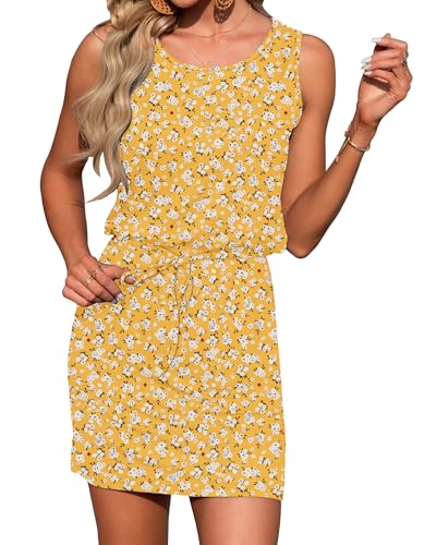 Image of AUSELILY Womens Summer Dress Casual Sleeveless Drawstring Short Dresses | Adjustable drawstring waist for a custom fit, plus 2 side pockets-perfect beach-to-street sundress