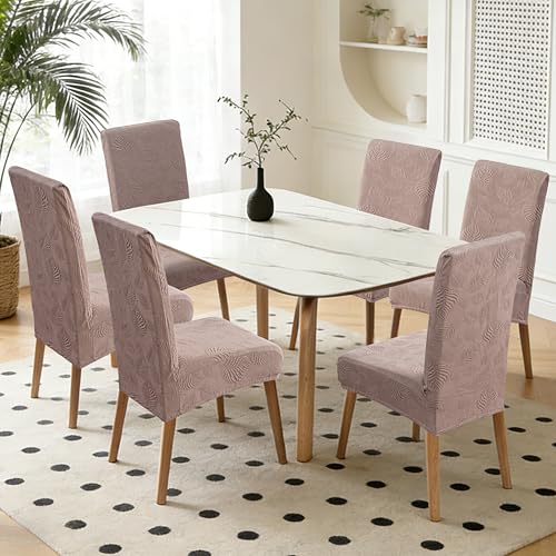 Image of Waterproof Dining Chair Covers Set of 4,Stretch Dining Room Chair Slipcovers with Leaf Jacquard,Removable Kitchen Chair Protector for Home,Restaurant,Banquet-Taupe | Stretch Dining Room Chair Slipcovers with Leaf Jacquard,Removable Kitchen Chair Protector for Home,Restaurant,Banquet