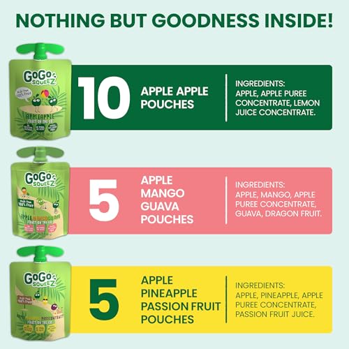 Image of GoGo squeeZ Applesauce and Fruit Puree Variety Pack, Apple, Mango Guava & Pineapple Passionfruit, 3.2 oz (Pack of 20), Unsweetened Fruit Snacks for Kids, No Gluten, Nut & Dairy, BPA Free Pouches