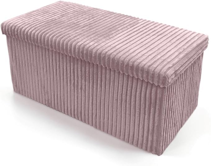 London Dream Foldable Ottoman Storage Box - Corduroy Two Seater Bench - Double Bed Furniture Foot Stool Seat Rest – Space Saver – Blanket, Toy Chest Organizer (Large, Blush Pink)