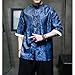 Men's Kung Fu Shirt,Traditional Chinese Hanfu Tang Suit Coat with Silk Printing,Half Sleeve Top for Casual Summer Outfits Blue