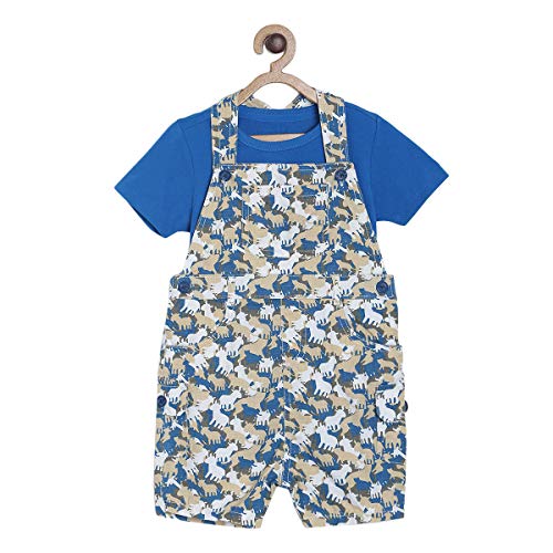 Image of miniklub Baby Round Neck Short Sleeve Knitted Cotton Dungaree Set, Pack of 2 (Navy Color)
