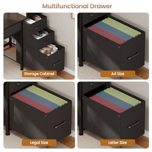 Image of SEDETA Computer Gaming Desk with 5 Drawers and Bookshelf, Reversible Home Office Desk with Storage Shelves and File Drawer, Corner Desk with LED Lights for Small Spaces, Black