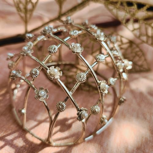 Image of Hair Bun Cage Accessory for Women | Handcrafted Brass Juda Cover with Stick | Anti-Tarnish Traditional Hair Accessory for Wedding & Festive (Pear Flower Hair Bun (Silver))