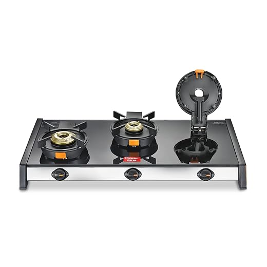 Prestige Svachh GTSV-03 Glass top LP Gas Table, 3 Burner, with Liftable Burner Set, Manual Ignition, Black