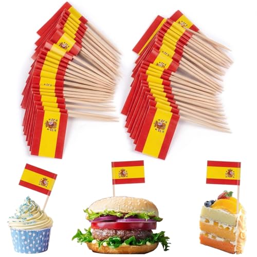 HOMAVEL Banderas de Palillos España 2026-100Pcs Banderitas para Comida de España - Palillos con Banderas Españolas para Tapas, Canapés, Cócteles, Tartas y Fiestas