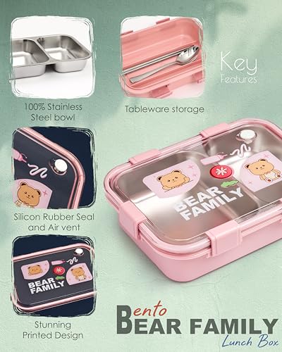 Image of Brand Conquer Lunch Box Leak-Proof BPA Free Stainless Steel for School, Lunch Box for School & Office with a Fork, a Spoon and a Pair of Chopsticks (Pink, Bear Family 2 Compartment)