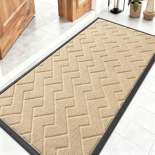OLANLY Front Door Mat Indoor Outdoor Entrance, Waterproof All-Season, All-Weather Welcome Doormat, Sturdy Natural Rubber, Low Profile, Easy Clean Patio Porch Entryway Outside Floor Mat, 47x23, Beige
