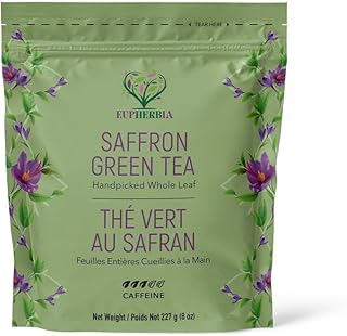 Eupherbia Saffron Green Tea, Handpicked, Highland Grown Whole Leaf Tea, Enriched with 3 Grams of Premium Saffron Threads, Herbaceous, Grassy, Bittersweet, 227g (8 oz)