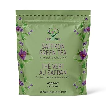 Eupherbia Saffron Green Tea, Handpicked, Highland Grown Whole Leaf Tea, Enriched with 3 Grams of Premium Saffron Threads, Herbaceous, Grassy, Bittersweet, 227g 8 oz