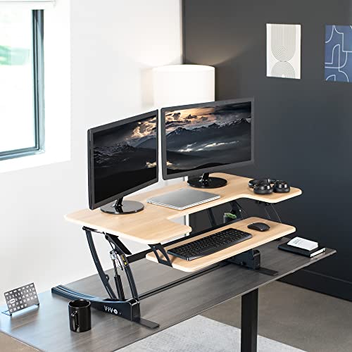 Image of VIVO Real Bamboo 42 inch Standing Desk Converter, DESK-V000VLO | Height Adjustable, Stand Up Desk Riser, Wide Keyboard Tray, Dual Monitor and Laptop Workstation, Black Frame, V Series