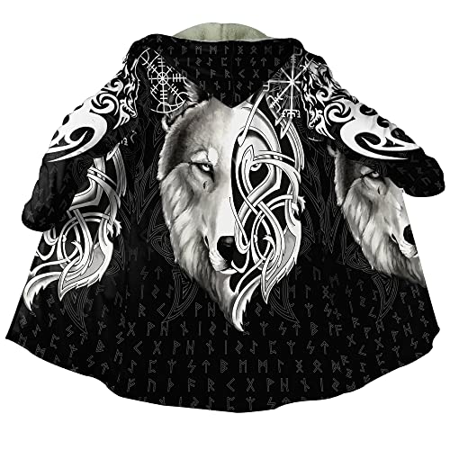 JHBTFQ Wikinger Tattoo Kostüm Herren Kleidung Kunstkaschmir Kapuzenmantel Nordischer Wintermantel Mittelalter Ritter Wärmere Jacke,Fenrir,4XL
