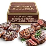 Grumpy Butcher 8 Steaks Full House Set - 4 Top Sirloin Steak (6 oz), 2 Ribeye Steaks (14 oz), 2 Filet Mignon Steak (8 oz) - Food Gifts of Premium Steak Meat