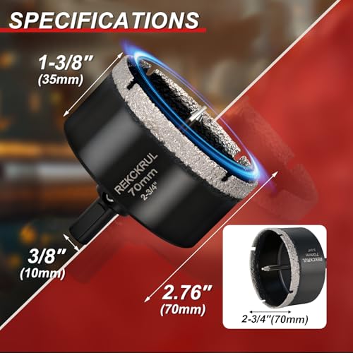 Image of 2-3 /4 Inch Diamond Hole Saw with Pilot Drill Bit 1PCS | Premium Tile Hole Saws Porcelain, Ceramic, Granite, Marble, Glass , 1-3 /8 inch Cutting Depth, Serrated Edge Wet /Dry Use (70mm)