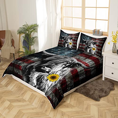 Feelyou Highland Cattle Bedding Set Sunflower Highland Cow Duvet Cover Set For Kids Boys Girls America Flag Bull Comforter Cover Animal Quilt Cover 1 Duvet Cover With 2 Pillowcases King Size #TOP2