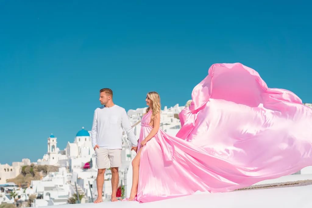 Light Pink Long Tail Flying for Women's Wedding, Maternity Photoshoot Santorini Flying Dress for Photoshoot | Long Tail Satin Maxi