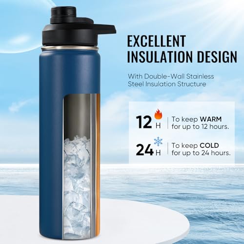 Image of Fijinhom Insulated Water Bottle with Handle, 304 Stainless Steel Water Bottles with Wide Mouth, Double Wall Vacuum Sports Water Bottle, BPA Free, Keep Cold and Hot, 24 Ounces, Navy Blue