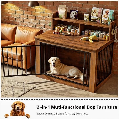 IRONCK Extra Large Dog Crate Furniture, 43.3 inches Wooden Dog Crate with Storage and 4 Hooks, Heavy Duty Pet Crate for Large Dog, Decorative Pet Cage for Indoor (30" L x 43.3" W x 41.1" H) - Image 5