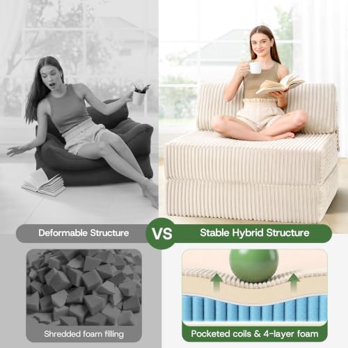 Image of Folding Sofa Bed Convertible 4 in 1 Sleeper Chair Beige Twin XL