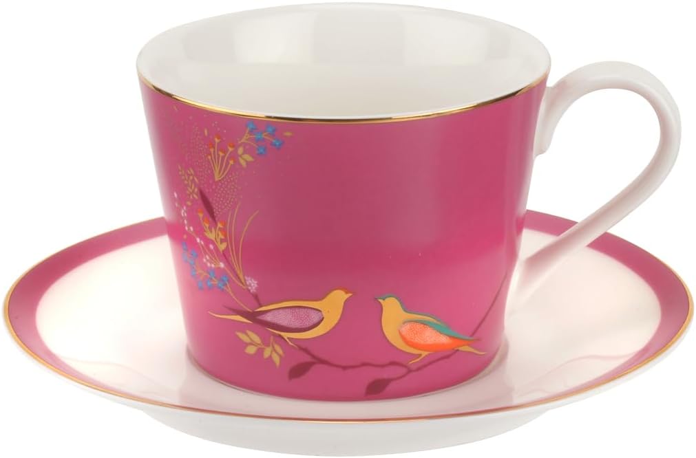 Portmeirion Sara Miller London Chelsea Teacup and Saucer, Pink | 8 Oz Cup for Drinking Tea and Coffee | Made from Fine China with Gold Detail | Handwash Only