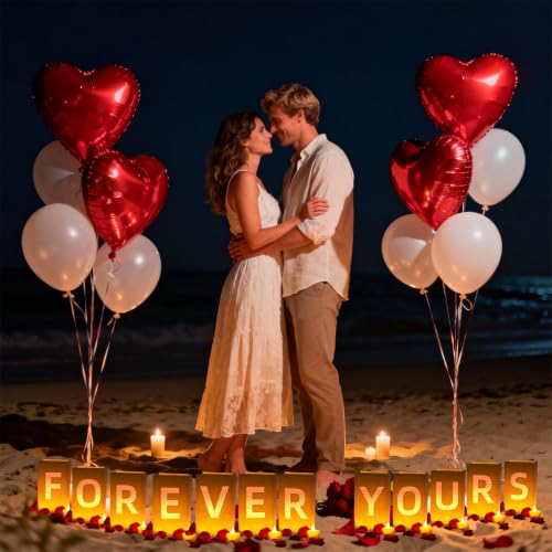 Image of FOREVER YOURS Light Up Letters, with Tea Lights Candles, Rose Petals, Pearlescent Foil Balloons - Luminary Paper Bags, Anniversary Decorations and Valentines' Day Decorations for Your Loved One