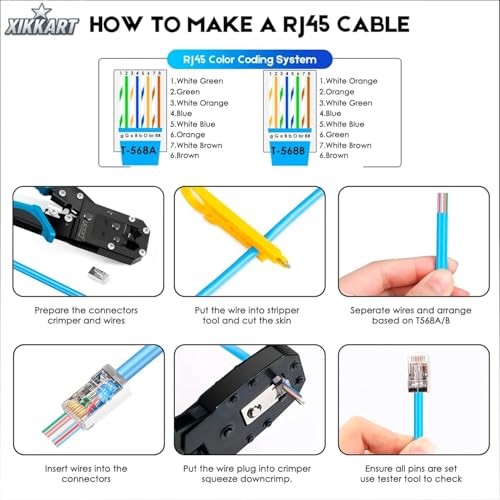 Image of XIKKART Cat6 RJ45 Pass Through Connectors (100 Pack) | Gold-Plated Modular Plugs for Solid & Stranded Ethernet Cable | Easy Crimp Network Plug for Cat6, Cat5e, Cat5 LAN Cable | (100-Pcs)