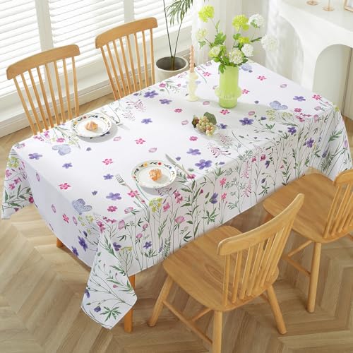 Summer Tablecloth Rectangle 60 x 120 Inch Wildflowers Butterfly Watercolor Floral Spring Table Cloth, Waterproof Machine Washable Fabric Table Cover for Dining, Party, Indoor, Outdoor, Green by SASTYBALE - Image 3
