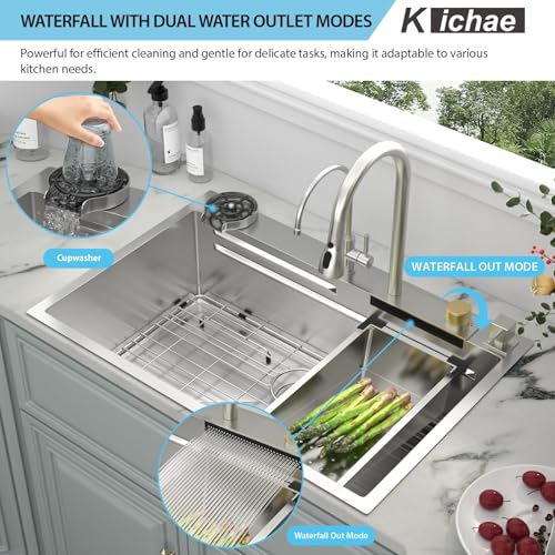 Image of Kichae 33x19 Waterfall Kitchen Sink Drop In Stainless Steel 16 Gauge Smart