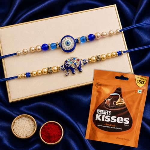 Image of CraftVatika Rakhi Gift for Brother with Chocolates Gift Combo | 2 Premium Rakhis with Chocolates and Roli Chawal Tika | Rakhi for Brother - Rakhi with Gift Hamper (Combo-1)