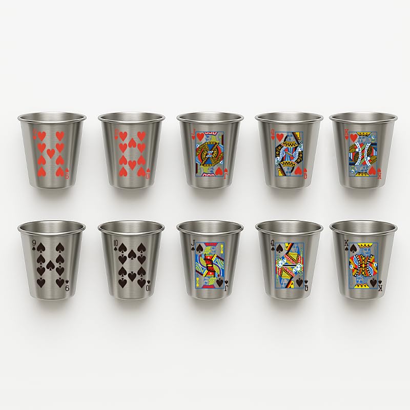 10-Pack Stainless Steel Poker Shot Glasses 2oz - Poker & Casino Theme Party Shots with Spades & Hearts- Durable Barware for Casino Nights, Gifts for Poker Players