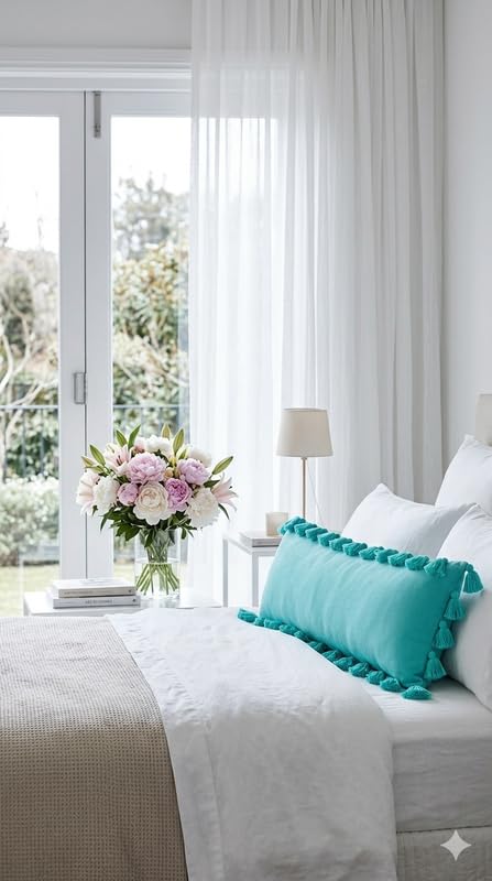 Image of WWW.THROWPILLOW.IN Caribbean Blue Green Big FullerTassels Trim Throw Pillow Cover, Solid Decorative Coastal Chic Accent Pillow for Sofa, Bed, Dorm Room Rectangular Full Body Bed Pillow 12x36 Inches