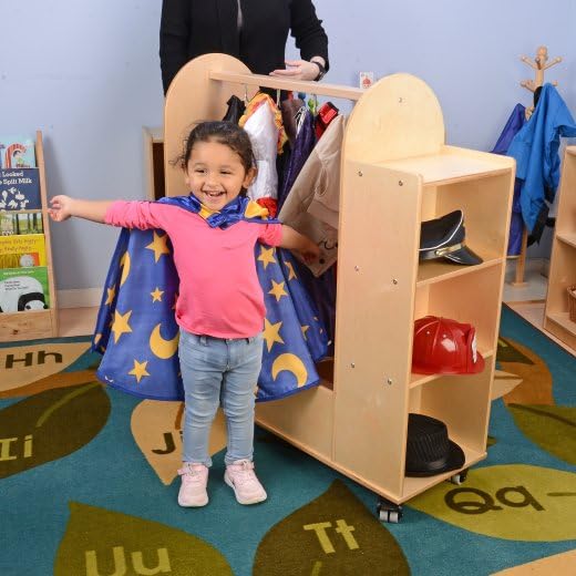 Constructive Playthings Rolling Mobile Wooden Dress-Up Cart for Children with Mirror and Hooks, Durable Classroom Furniture for Schools, Daycares & Learning Spaces