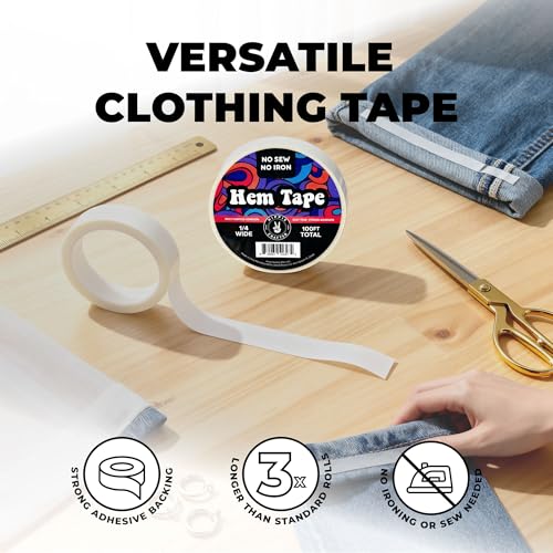 Image of HIPPIE CRAFTER Double Sided Hem Tape No Sew No Iron Sewing Tape for Hemming Curtains Fabric Pants Dress Clothes and More Thin with Strong Adhesive Removable Combo 3 /4 Inch x 100FT and 1 /4 Inch x 100FT