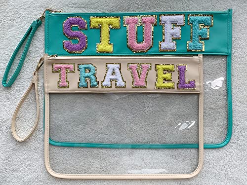 Image of Chenille Letter Clear Bag Purse Multi-purpose Transparent Waterproof Snacks Makeup Tote Bag with Wrist Strap
