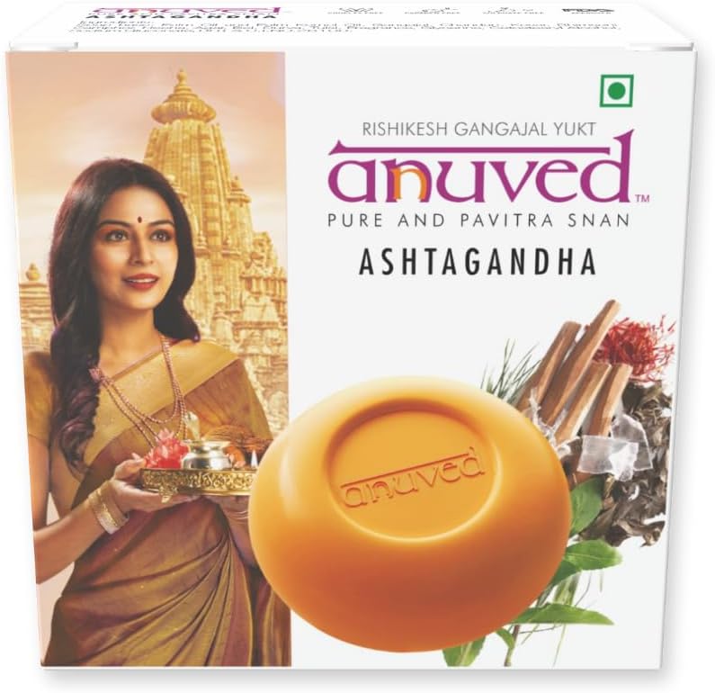Anuved Ashtagandha Soap | Pack of 6 | 125g Each | Stress-Relief Bath Soap | Contain 8 ancient Indian herb (Tulsi, Durva, Bhimseni, Camphor, Bel, Chandan, Kesar, Heena, Agar) | With Rishikesh Gangajal