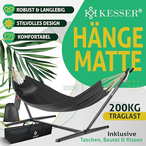 KESSER® Hängematte Lake mit Gestell, Doppel für 2 Personen, 200kg Belastbarkeit, Indoor & Outdoor, XXL Hängesessel, Garten, Pool, Balkon, Terrasse, Inkl. Kissen, Beutel & Tasche, Anthrazit 2