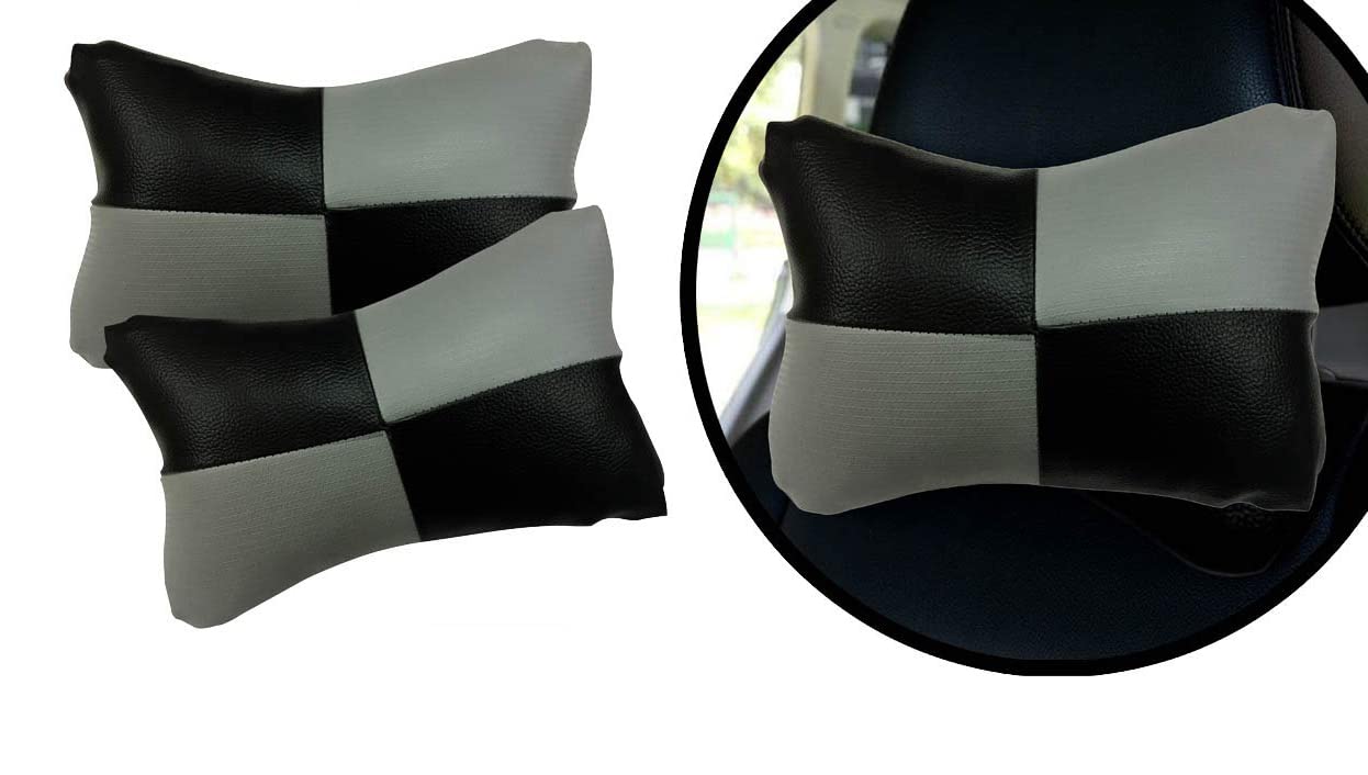 Faux Leather Grey Check Design Car Neck Rest Cushion With Adjustable Straps Maruti Suzuki Alto, Maruti Suzuki Wagonr, Maruti Suzuki Swift, Tata Nexon, Tata Punch, Tata Harrier, Datsun Go