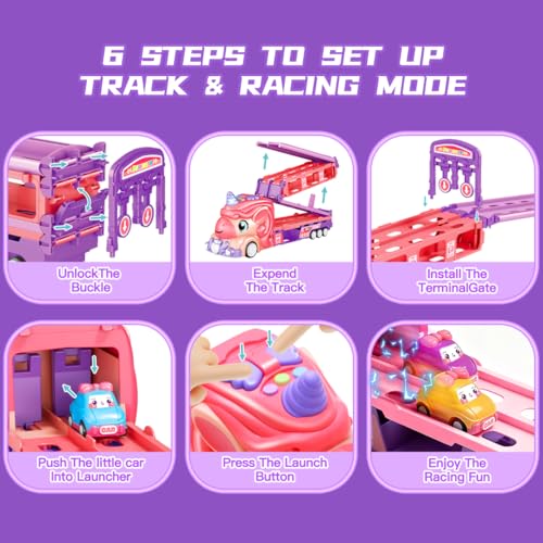 Unicorn Car Toys for Age 3 4 5 6 Year Old Girl, Foldable Track & 2 Player Race Mode Game, Light & Sound Push Transport Carrier Truck W/ 9 Princess Toy Cars, Birthday Gift for Girls Age 3-6 by bulucoben - Used condition - Image 6