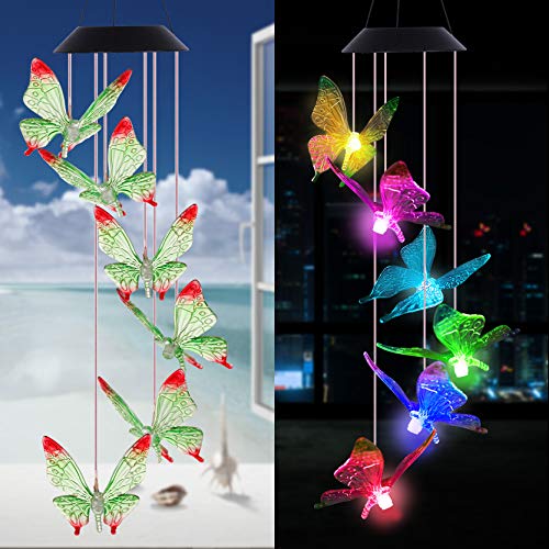 Solar Butterfly Wind Chimes Outdoor- Waterproof Solar Powered LED Changing Light Color 6 Green Butterflies Mobile Romantic Wind-bell For Home, Party, Festival, Night Garden Decoration(blackboard)