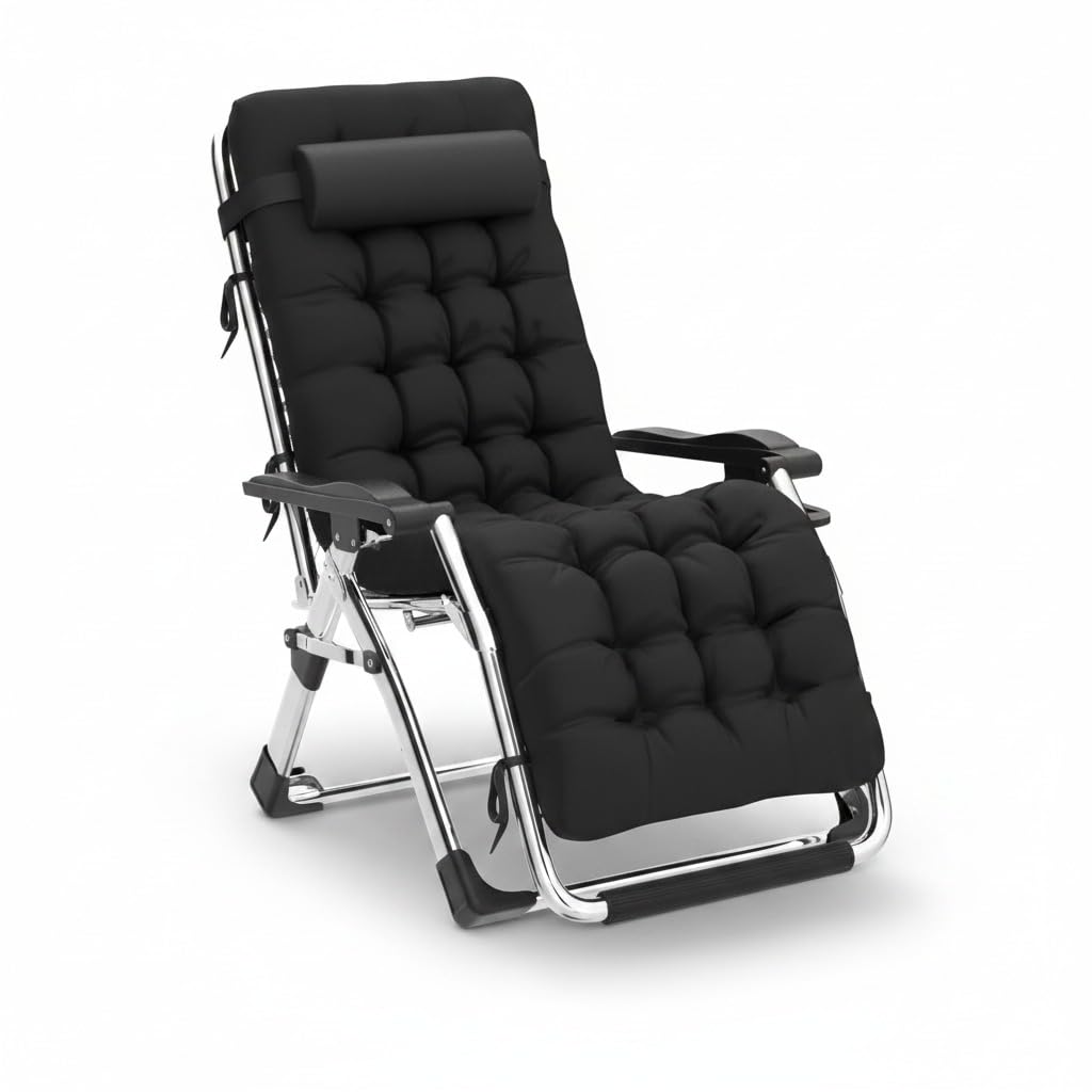Extra Wide 74cm Zero Gravity Reclining Chair with Cushion & Cup Holder, Foldable Adjustable Outdoor Lounger for Patio, Garden, Beach, Pool, Heavy Duty Comfort Sun Chair Supports Up to 150kg (Black)
