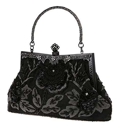 Kisschic Women's Handbag Vintage Rose Embroidered Beaded Sequin Evening Bag Wedding Party Clutch Purse (Black) #TOP1