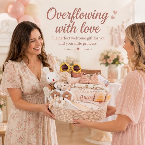 Image of Ultimate Baby Girl Gift Basket, Aesthetic Boho Chic Newborn Essentials, Premium All-in-One Baby Shower Gifts for Expecting Moms with Floral Skirt, Swaddle, Diaper Caddy Organizer